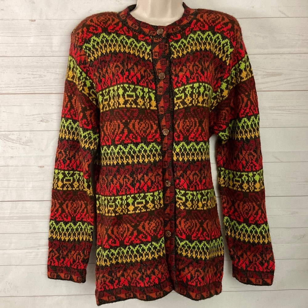 The Alpaca Connection Sz M 100% Alpaca Cardigan Sweater Southwestern Colors Y2K